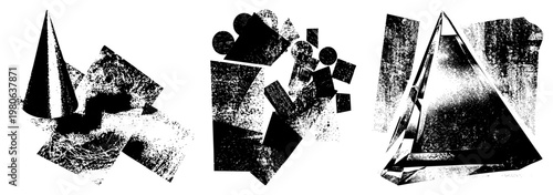 Fragmented 3D forms with grainy halftone textures, abstract composition, graphic design elements, vector art,, geometric abstraction.