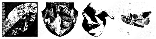 Stylized shield and leaf motifs rendered in gritty halftone, vector graphic,, artistic emblem, graphic design element, isolated symbol set.