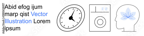 Time management, technology usage, wellness, health, mindfulness, modern lifestyle. Clock, washing machine and human head with leaf icon . Time management and technology usage concept