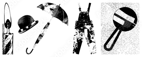Classic bowler hat, open umbrella, denim overalls, and a striped hat on a paddle, rendered in halftone dot, retro fashion items, isolated vector illustrations.