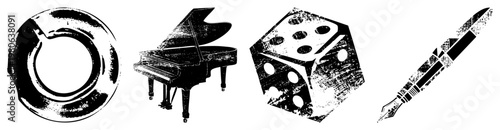 Grunge styled piano, dice, fountain pen, and vinyl record classic creative tools with distressed texture, black and white, artistic vector design.