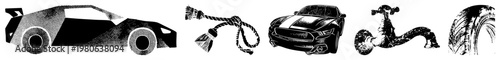 Vector halftone art featuring sleek sports car, braided rope, classic, vintage faucet, and tire tread, stylized, isolated graphic elements.