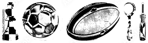 Sports and strategy including chess knight, soccer ball, rugby ball, tennis racket, cricket bat, stylized vector graphics, black and white halftone design.