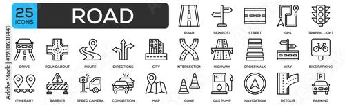 Road Icon Set Collection. Containing Design Road, Signpost, Street, GPS, City