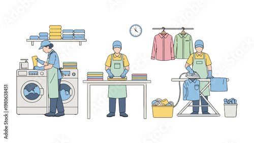 The Laundry Routine: Depicting a clean, neat and organized workspace, three individuals are engaged in the meticulous process of laundry, washing, folding, and ironing clothes to a pristine standard.