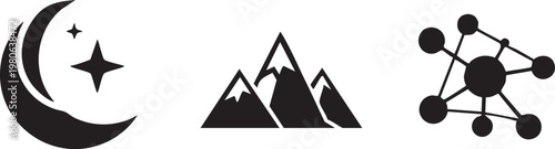 Black icons of crescent moon with star, mountains, and molecular structure, minimalist vector graphics