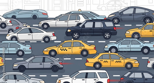 Busy City Street with Many Cars and Taxis.