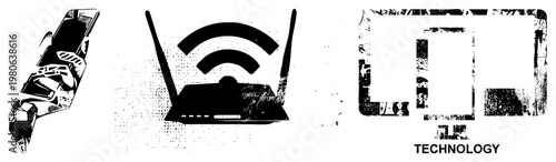 Retro tech devices including smartphone, Wi Fi router, and tablet, rendered in gritty halftone, ideal for digital interfaces or tech themed designs.