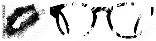 Bold stencil graffiti symbols, spray painted urban art, street art motifs, gritty texture, black ink graphic, urban vandalism style.