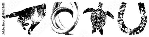 Distressed black and white vector pointing hand, spiral snake, turtle, and textured horseshoe graphic design elements with halftone grain and isolated foreground.