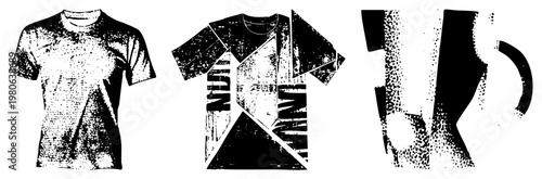 Fashion t shirts featuring halftone texture, geometric, and bold typography, ideal for streetwear or graphic design projects.
