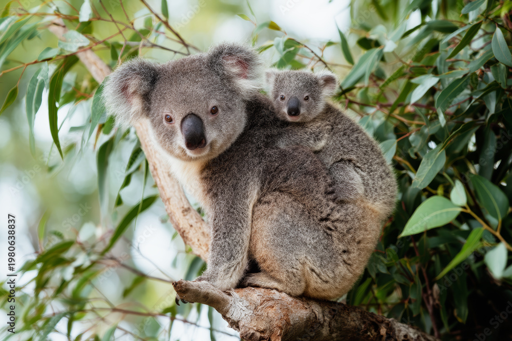 Fototapeta premium Mother Koala Carrying Baby on Her Back, Professional Wildlife Photo in Australia