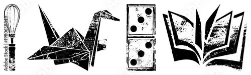 Kitchen whisk, paper crane, tile, open book stylized black vector, distressed texture,, symbolic objects.