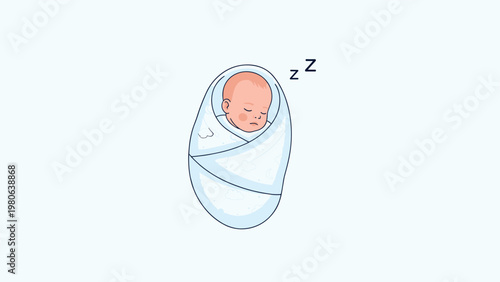 Adorable baby swaddled in a blanket and peacefully sleeping, with Z's indicating slumber, representing infant rest and tranquility.