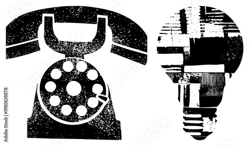 Retro rotary telephone and classic lightbulb, halftone distressed style, communication and idea symbols, vector graphics, isolated elements.