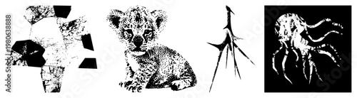 Black & white halftone vector art leopard cub, abstract polygons, octopus silhouette. Isolated cutouts with dot textures. Ideal for design, tattoos, or digital.