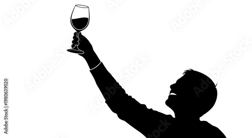 Man holding wine glass up high.