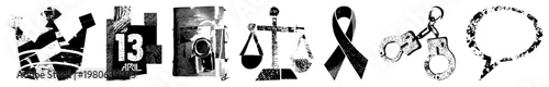 Distressed graphic crown, April 13 date, vintage camera, justice scale, awareness ribbon, handcuffs, speech bubble all in gritty, textured vector style.