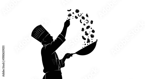 Chef tossing food in pan cooking.