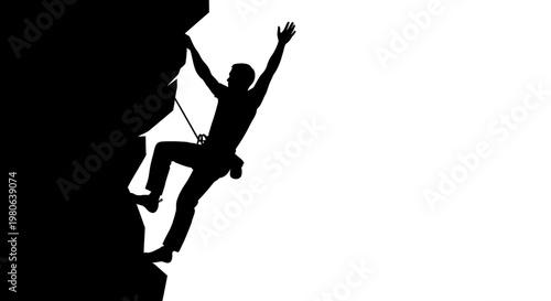 Silhouette of man rock climbing wall.