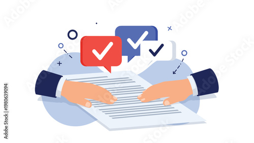 Hands reviewing a document with checkmarks appearing in speech bubbles, representing agreement, contract approval, or successful verification of tasks.