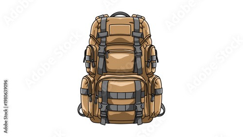 Rugged tactical backpack with multiple pockets and straps, ideal for hiking, camping, or military use, symbolizing adventure and preparedness.