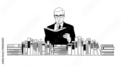 Man reading a book with glasses.