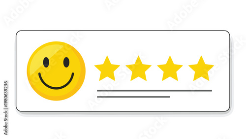Customer review box displaying a happy smiley face and four out of five stars, representing positive feedback, satisfaction, and high ratings.
