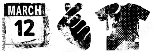 Distressed calendar date, clenched fist symbol, graphic tee with halftone, vector, gritty texture, urban design elements.