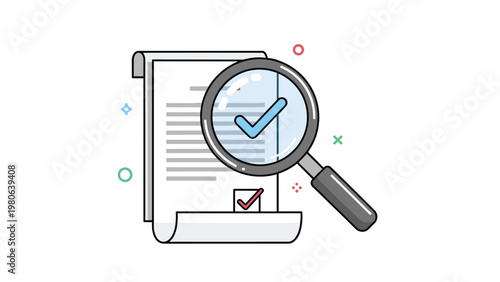 Magnifying glass examining a document with a large checkmark, symbolizing thorough review, successful verification, and quality assurance.