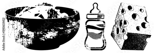 Black and white halftone vector trio pasta bowl with sauce, baby bottle with nipple, cheese wedge with holes. Retro food, stylized graphic design, isolated elements.