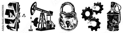 Set of mechanical including wind turbine, oil pumpjack, padlock, gears, and fire extinguisher, vector design, industrial equipment symbols.