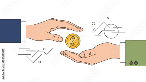 Two hands exchanging a shiny golden dollar coin, symbolizing financial transactions, payment, investment, and economic exchange.