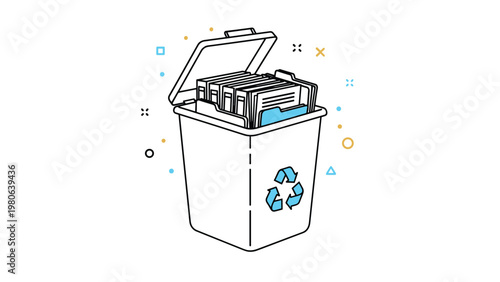 Recycling bin filled with document folders, symbolizing digital waste management, data disposal, and environmentally friendly office practices.