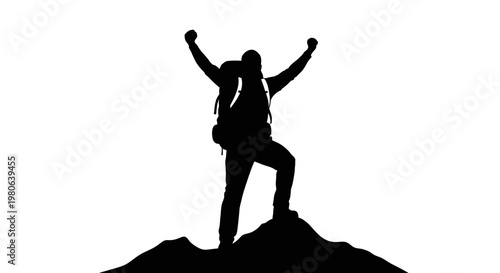 Person standing on mountain peak triumphantly.