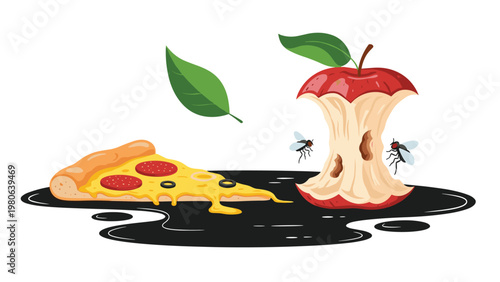Unappetizing image of spoiled food, including a slice of pizza and an apple core with flies, symbolizing waste, decay, and unhygienic conditions.