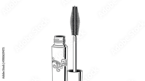 Detailed line art illustration of a mascara wand and its open tube, symbolizing beauty, makeup, and cosmetic application.