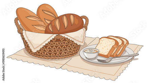 Woven basket filled with various fresh breads and a plate of sliced toast with a small bowl of spread, symbolizing bakery, meals, and comforting food.