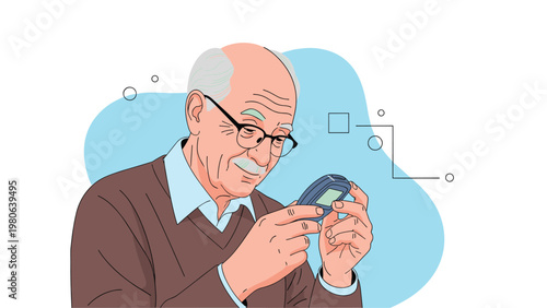 Focused elderly man with glasses carefully checking his blood glucose level with a glucometer, symbolizing diabetes management and health monitoring.