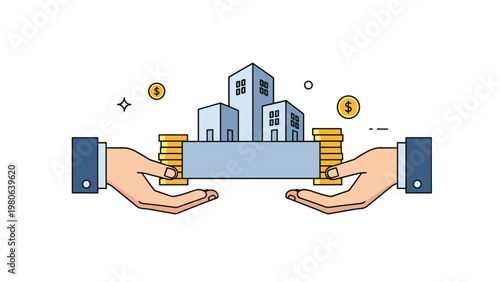 Hands cradling miniature buildings and golden coins, symbolizing valuable real estate investments, property management, and wealth.