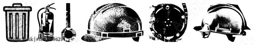 Set of safety equipment hard hat, fire extinguisher, key, trash can, gear, and helmet vector silhouettes for workplace safety, construction, or industrial use.
