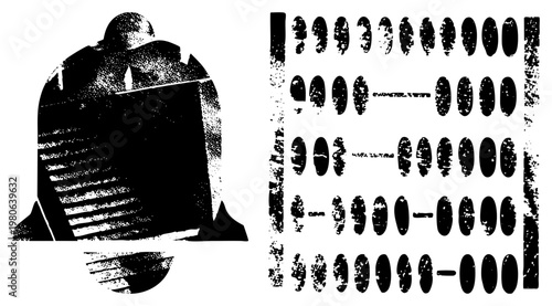 Retro calculating tool with worn dots and, paired with bell symbol, vector graphic, educational or historical design element.