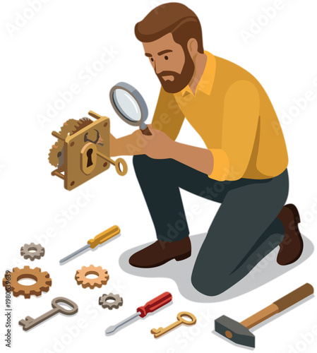 Man examines old lock with tools and magnifying glass closely