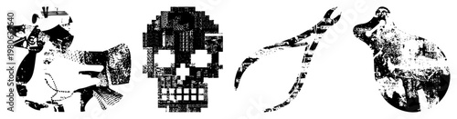 Four stylized black silhouettes pixel skull, duck, pliers, dog, rendered in halftone grunge texture, isolated vector art, design.