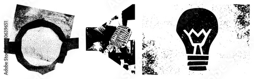 Retro microphone with grille and light bulb symbol, halftone dot, graphic design elements, isolated, vector illustration.