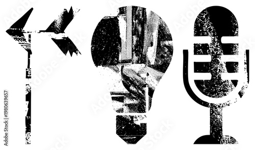 Lightning bolt, lightbulb, and microphone rendered in gritty halftone texture, symbolizing inspiration, ideas, and expression. Alternate terms spark, idea, mic.