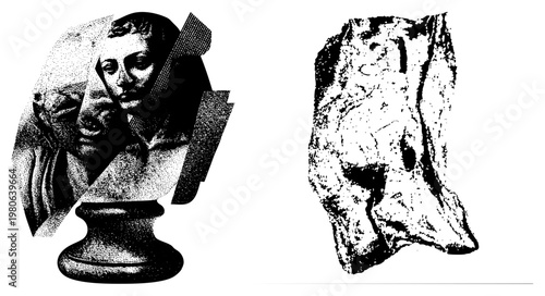 Composite sculpture bust with halftone shading, geometric cutouts, classical art style, black and white vector, isolated artifact, museum display, antique head.