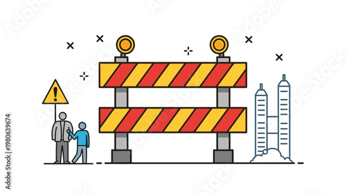 Construction site barrier with a warning sign and two workers, depicting safety measures and urban development work in progress.