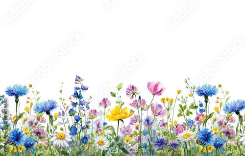 Spring Flower Bush, Side View, Watercolor Botanical Clipart Isolated on White Background