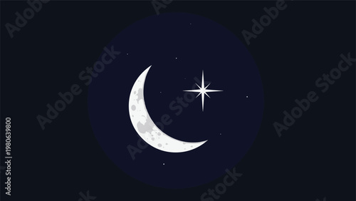 Serene crescent moon gently shining alongside a twinkling star against a deep dark blue night sky, symbolizing peace and dreams.